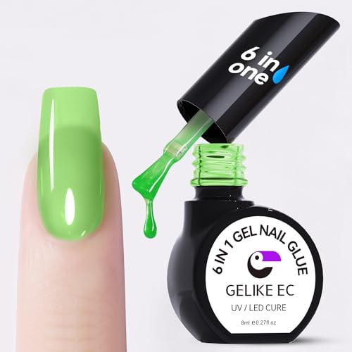 Professional Gel Nail Glue UV - 6 in 1 Gel Glue for Nail Tips with Green Jelly Gel Polish,Base Coat Free,Gelike EC Strong Adhesive for Press on Nail,Ideal for Salon and Home DIY