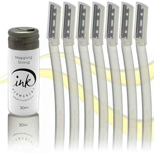 Ink Permanent Face Razors for Women with White Brow Mapping String Kit, 7 Eyebrow Razors with Pre-Inked Mapping String for Facial Hair Removal for Women, Brow Mapping Kit, Eyebrow Razor