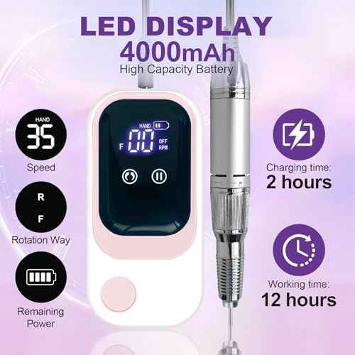 Professional Nail Drill Electric 35000RPM Pink Nail File for Acrylic Gel Nails Polish Removing Portable Cordless Rechargeable Nail Drill Kit with Base for Home Salon Manicure Pedicure