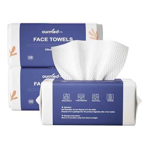 Ourmed Life Face Towels, Disposable Biodegradable Clean Facial Towels for Sensitive Skin, Lint- free Face Cloths for Makeup Remover, Skincare and Women Cleaning, Dry Wipes,300 Count Dot Texture