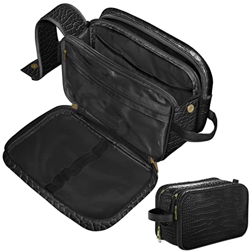Dot&Dot Leather Toiletry Bag for Men Women - Spacious Womens Mens Toiletry Travel Toiletries Bags (Black Croc)