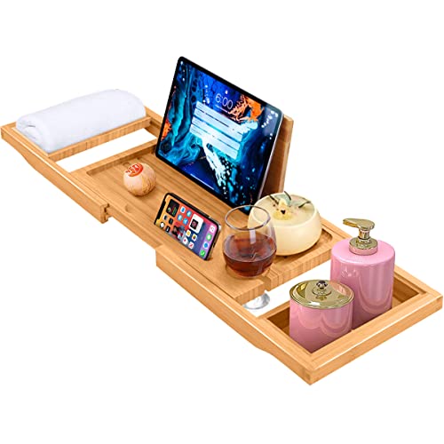 Expandable Bamboo Bathtub Tray Caddy with Wine Glass Holder