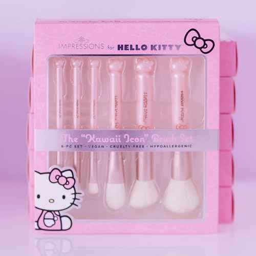 Impressions Vanity 6 PCs Makeup Brush set with Hello Kitty Kawaii Icon and Aluminum Ferrule, Super Soft Makeup Brushes for Foundation, Face Powder, Blending, Defined Shadow, Eye Shadow (Pink)