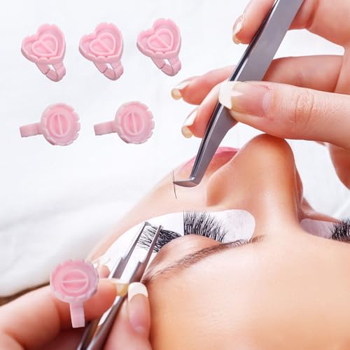 200 Pcs Pink Glue Rings for Eyelash Extensions, Heart & Round Shape Disposable Lash Glue Holder with V-Notches, Salon & Home Use