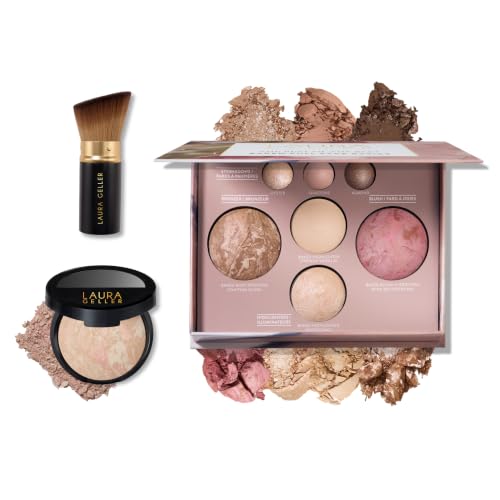 Laura Geller Baked Face & Eye Palette with Foundation & Brush Set – Full Face Makeup Kit