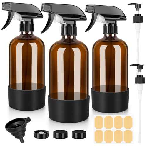 Amber Glass Spray Bottles 3 Pack, 17 oz/500 ml Glass Spray Bottles for Cleaning, Plants, Essential Oils, Hair Care, Refillable Empty Spray Bottle with Adjustable Nozzle for Squirt and Mist