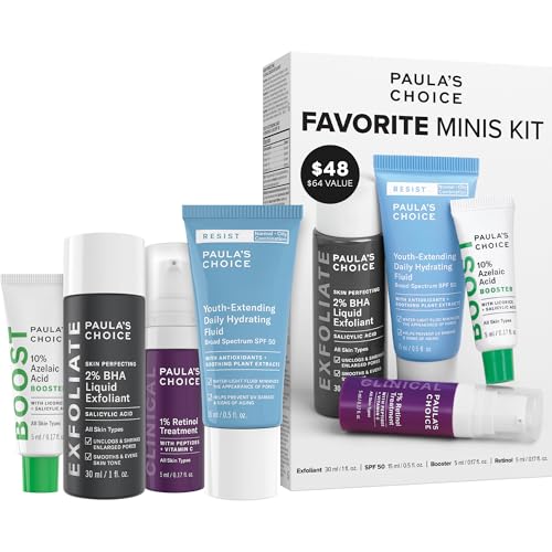 Paula's Choice Favorites Mini Kit, 4 Piece Set Includes 2% BHA Exfoliant, 1% Retinol Treatment, 10% Azelaic Acid Booster, Youth Extending SPF 50 Moisturizer, Travel Skin Care Set for Glowing Skin