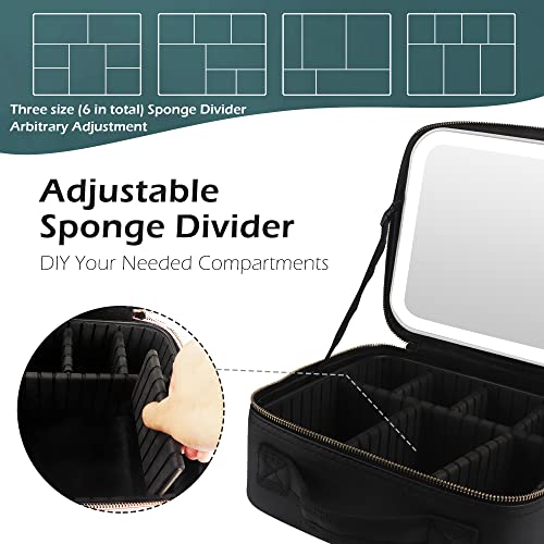 MOMIRA Travel Makeup Bag Cosmetic Bag Makeup Organizer Bag with Lighted Mirror, Adjustable Brightness in 3 Color Scenarios, Waterproof Makeup Train Case, Gift for Women - Black