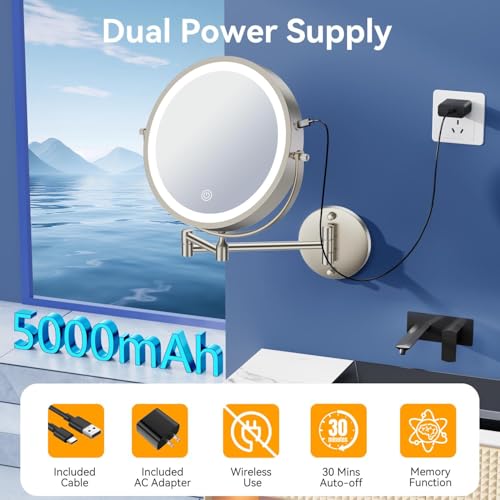 9'' 30X/1X Wall Mounted Lighted Makeup Mirror, 5000mAh Rechargeable Double-Sided Magnifying Mirror with Light, Vanity Mirror Touch Dimmable 3 Colors 360¡Æ Rotation Extended Foldable Arm, Power Adapter