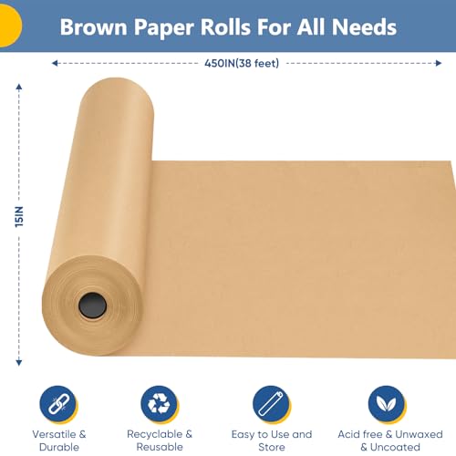 Brown Wrapping Paper, Kraft Paper, Craft Paper Roll 15" x 450", Packing Paper for Moving Supplies, Chart Poster Bulletin Board Paper Roll, Father Day Gift Wrap Arts Crafts, Bouquet Flower Table Runner