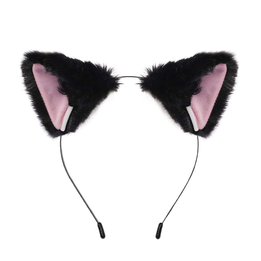 BAOBAO Women Girl Cat Fox Long Fur Ears Headband Party Cosplay Costume Hairband (Black&Pink)