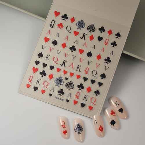 Poker Nail Stickers for Nail Art Palying Card Nail Decals Hearts Spades Clubs Diamonds Stickers for Nails Designs 3D Self Adhesive Nail Supplies & Decorations for Women Girls 1 Sheet
