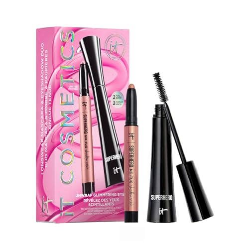 IT Cosmetics Unwrap Glimmering Eyes Mascara & Eyeshadow Stick Makeup Set , 2-Pc Holiday Giftset for Her - Full Size Makeup - Superhero Waterproof Cream Eye Shadow & Volumizing Lengthening Mascara