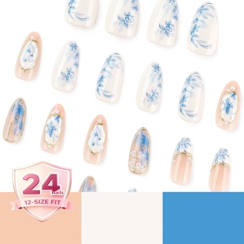 Press On Nails Almond Blue Floral French Tip 24pcs – Taoyiset Reusable Full-Cover Faux Nails
