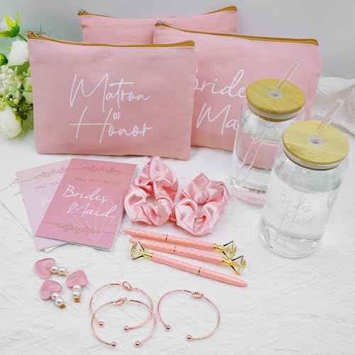 56 pcs Bridesmaid Gift Set, Pink: 16oz Glass Cups, Makeup Bags, Invitation Cards, Scrunchies, Hair Bracelets, Diamond Pens, Love Clips - Perfect for Bridesmaids or Special Occasions