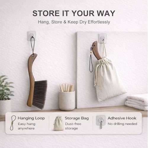 Wooden Hand Broom with Curved Foxtail Bristles & Storage Bag