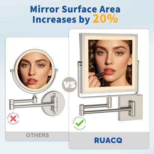 Ruacq Rechargeable Wall Mounted Makeup Mirror with Lights, Double Sided 1X/10X Magnifying Vanity Mirror with 3 Color Light, Touch Screen Dimmable, 360¡Æ Rotation Extension Foldable Arm(Brushed Nickel)