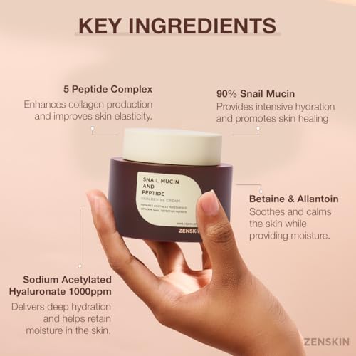Snail Mucin & Peptide Skin Revive Cream, Deep Hydration, Youthful Appearance with 90% Snail Mucin & 5 Peptides for Smooth, Youthful, Radiant Skin, 100ml