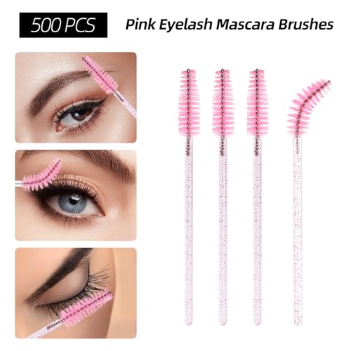1500 PCS Eyelash Extension Supplies Kit, 500 Spoolies Mascara Wands 500 Lip Brushes 500 Micro Swabs Pink, Disposable Eyelash Brushes Makeup Applicator Tool with 3 Reusable Containers