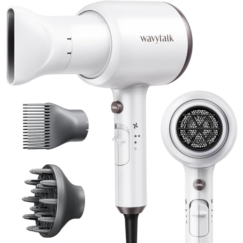 Wavytalk Hair Dryer with Diffuser and Concentrator Professional 1875 Watt Negative Ions Dryer Fast Drying Light and Quiet with Ceramic Technology Nozzle for Women Curly Hair, Matte White