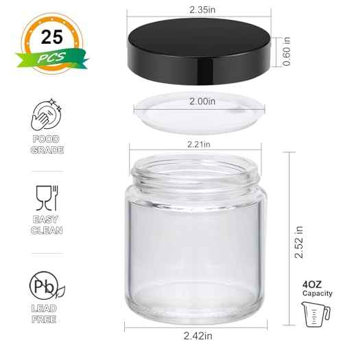 4oz Glass Clear Cosmetic Jars with Black Lids,Empty Small Glass Jars with Inner Liners,Round Travel Sample Container for Cream,Lotion,Ointments,Candle Making,Set of 25