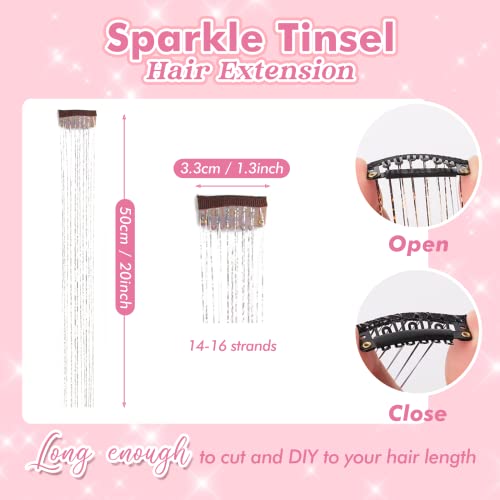 POROLIR Silver Clip-In Hair Tinsel Extensions 20 Inch Sparkly Fairy Hair Accessories for Women & Kids - Heat Resistant, Reusable