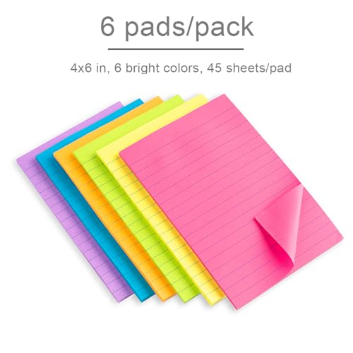 Lined Sticky Notes 3X5 in Bright Ruled Post Stickies Colorful Super Sticking Power Memo Pads Its Strong Adhesive, 6 Pads/Pack, 75 Sheets/pad