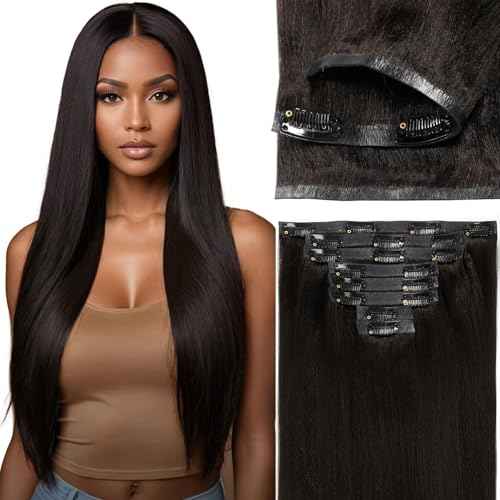 Loxxy Seamless Yaki Straight Clip ins Natural Black Invisible Light Yaki Straight Clip ins Real Human Hair Extensions for Black Women 115g 8 Pieces 18 Inch