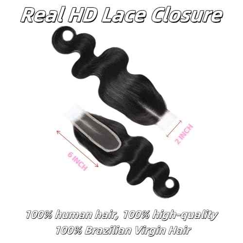 2x6 HD Lace Closure Body Wave Human Hair 16inch Real HD Transparent 100% Brazilian Virgin Middle Part Pre Plucked with Baby Hair Natural Color Kim K 2x6 Closure