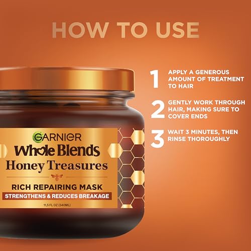 Garnier Whole Blends Honey Treasures Repairing Mask, for Dry, Damaged Hair, 11.5 Fl Oz, 2 Count (Packaging May Vary)