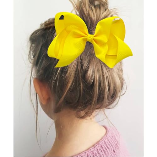 6 PCS Grosgrain Ribbon Hair Bows with Alligator Clips - Solid Color Hair Accessories for Toddlers and Kids (Yellow)