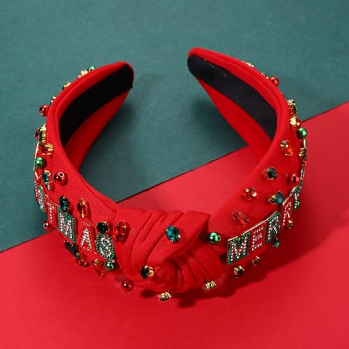 Christmas Headband for Women Holiday Christmas Accessories Beaded Xmas Bow Tree Snowflake HOHOHO Knotted Headband Red Green Crystal Pearl Top Knot Headband Festive Holiday Gifts (MERRY CHRISTMAS 2)