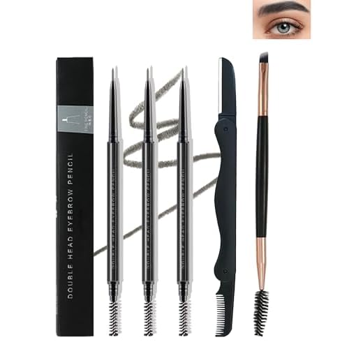 3 Pcs Waterproof Eyebrow Pencil Set,Gray Ultra Slim Eye Brow Pencil for Women with Brows Brush&Razor,Professional Brow Micro Retractable Long Lasting Gel Pen Shaping&Filling Brows Makeup - 02