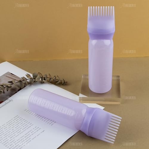 AUEAR, 2 Pack Purple Root Comb Applicator Bottles 6 Ounce Hair Dye Bottle Plastic Applicator Bottle Brush with Graduated Scale for Hair Dye