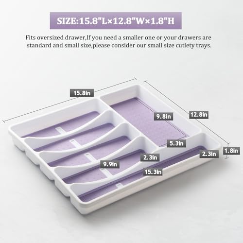 Silverware Organizer with Cutlery Icons，Silverware Tray for Kitchen Drawer，Plastic Flatware Tableware Silverware Drawer Organizer Utensil Organizer with Non-slip TPR Linings，6-Compartment,Purple