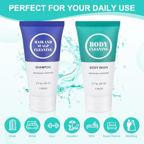 Travel Size Shampoo and Body Wash Set, Small Trial Hair Shampoo Sample Shower Gel Kit Mini Toiletries Amenities Set for Men and Women, Cleansing for Hotel/Vacation/Homeless 0.7 oz/20 ml (100 Pack)