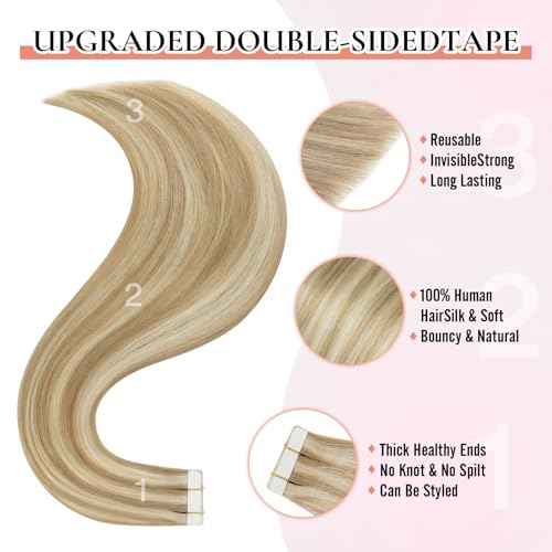 Tape in Hair Extensions Human Hair 18 Inch Dark Ash Blonde Highlights Light Blonde Invisible Straight tape hair extensions 20Pcs 50G Thick Ends