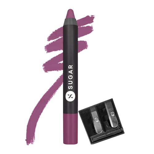 SUGAR Cosmetics Matte As Hell Crayon Lipstick - 15 Stephanie Plum (Plum Mauve) with Sharpener Highly Pigmented, Creamy Texture, Long Lasting Matte Finish