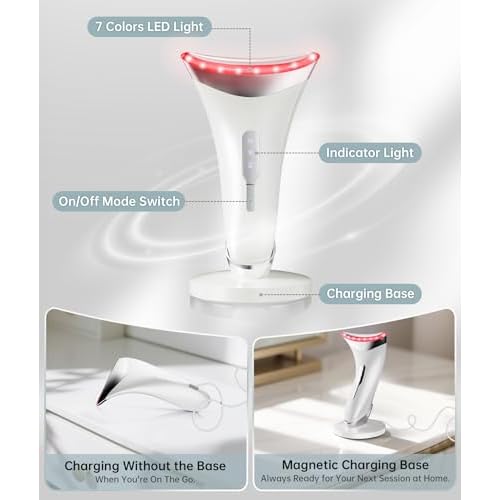 Red Light Therapy for Face and Neck, 7 Color Facial Massager with Adjustable Vibration and Thermals for Wrinkles, Double Chin, Portable Skin Care Tool with Base, White