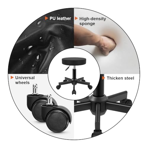 Height Adjustable Rolling Stool with Wheels, PU Leather