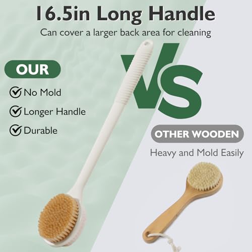 VANZAVANZU 17 Inch Anti-Slip Long Handle Back Scrubber for Shower ? Dual-Sided Shower Brush and Shower Back Scrubber with Soft and Stiff Bristles for Wet or Dry Brushing (Cream White)