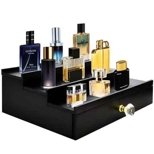 Cologne Organizer for Men, 3 Tier Cologne Stand Organizer for Men, Wood Perfume Organizer with Felt Lining Drawer and Hidden Compartment, Great Gift for Men(Black)