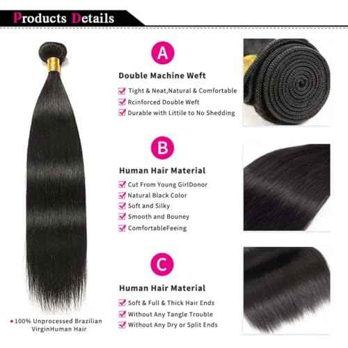 Straight Bundles Human Hair 20 22 24 26 Inch 100% Unprocessed Brazilian Virgin Hair 4 Bundles Hair Extension for Black Women Natural Color