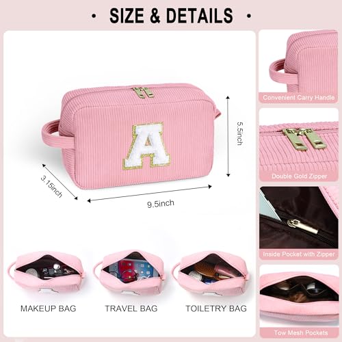 YOOLIFE Pink Initial Corduroy Makeup Bag & Belt Bag Crossbody Fanny Pack Personalized Gifts for Women Teen Girls