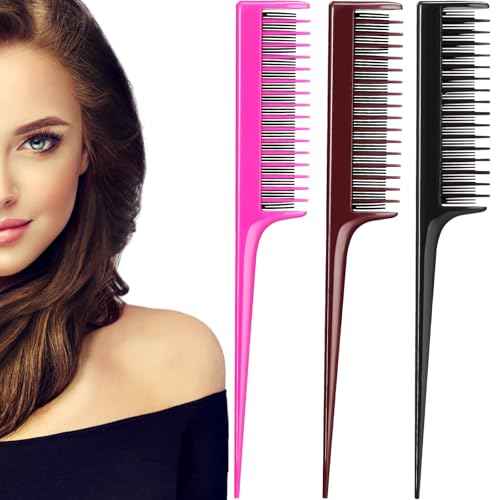 Leinuosen 3 Pcs Triple Teasing Comb for Women Plastic Rat Tail Comb Heat Resistant Pintail Tease Layer Tool for Thick Fine Hair Styling Backcombing Volume Structure(Black, Pink and Brown)