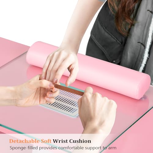 OmySalon Manicure Table with Glass Top & Dust Collector, Pink