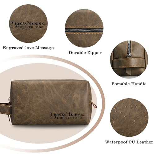 3rd Years Leather Anniversary Present for Him, 3 Years Wedding Gifts for Husband Anniversary, Engraved PU Leather Toiletry Bag and KeyChain