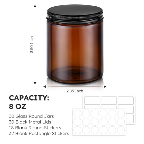 Tecohouse Amber Candle Jars, 30 Pcs 8oz Glass Jars with Lids for Making Candles with White Labels & Inner Liners, Empty Airtight Round Cosmetic Containers for Cream, Spice, Lotion, Ointments, Liquid
