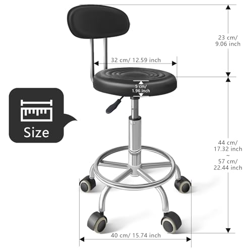 Chair with Wheels PU Leather, with Backrest, Height Adjustable, 360¡Æ Swivelling Armless Barstool with Footrest, Ideal for Pubs, Restaurants, Offices, Homes, Tattoos, Massages (Black)