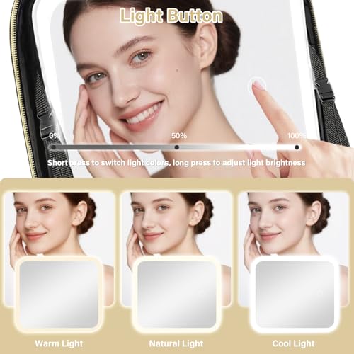 Travel Makeup Bag with Lighted Mirror, Adjustable Partition Makeup Travel Case, Adjustable Brightness in 3-Color Scene, Waterproof Makeup Train Case, Luminous Makeup Bag with Detachable Mirror, Pink